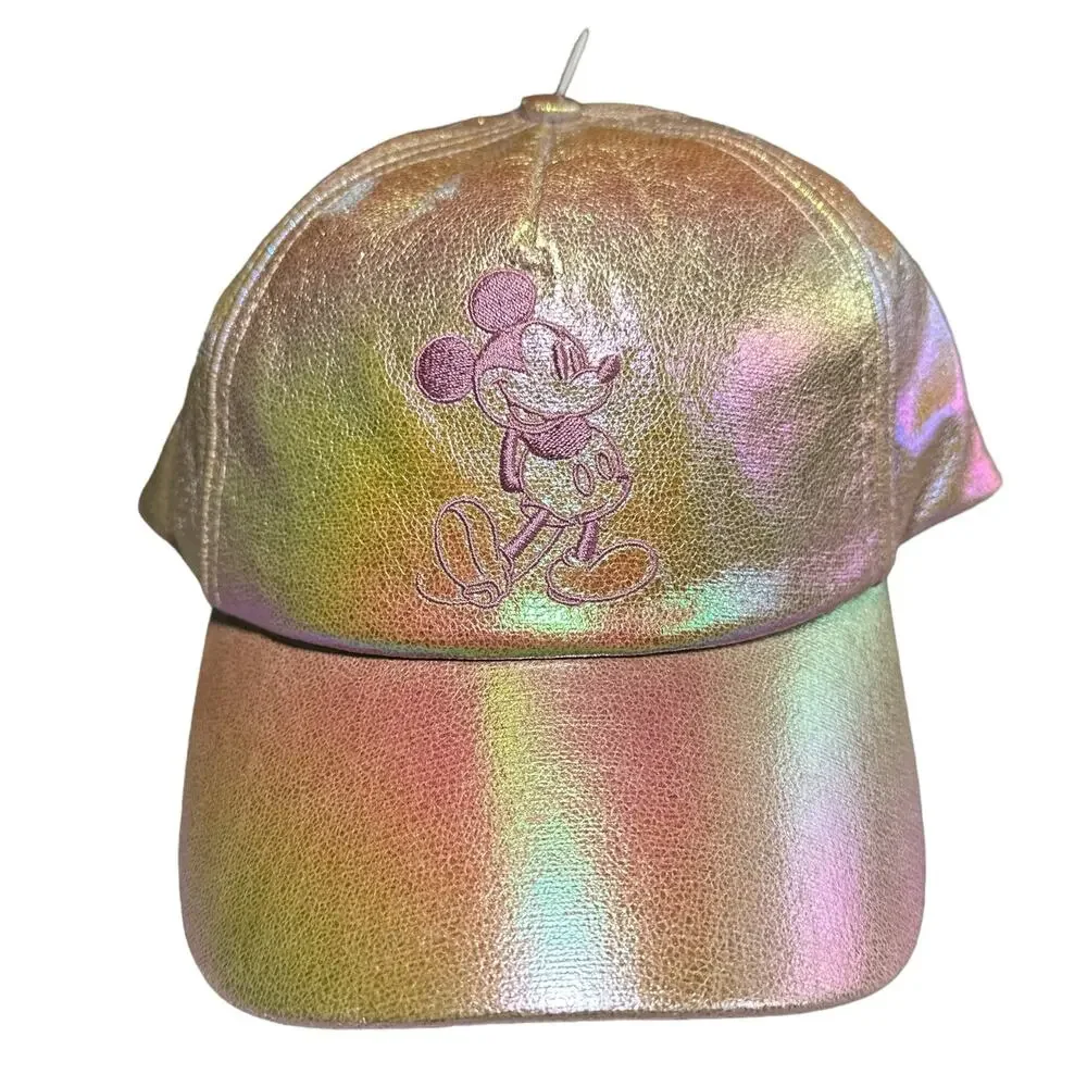Disney NEW Earidescent Iridescent Mickey Embroidered Baseball Cap Hat Pink OS